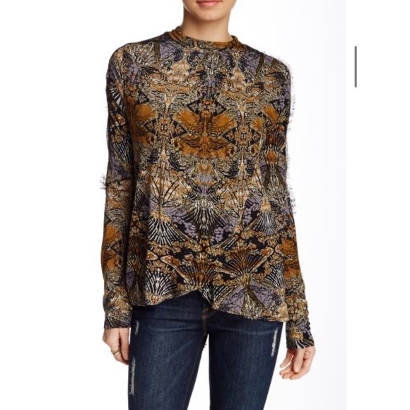 Free People blouse New World Nouveau lace trim crossover front keyhole back - Picture 1 of 14
